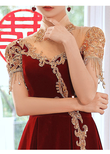 Chic Beautiful Burgundy Princess High Neck Beading Pearl Rhinestone Short Sleeve Velour Evening A-Line Floor Length Party Formal Dresses