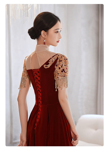 Chic Beautiful Burgundy Princess High Neck Beading Pearl Rhinestone Short Sleeve Velour Evening A-Line Floor Length Party Formal Dresses