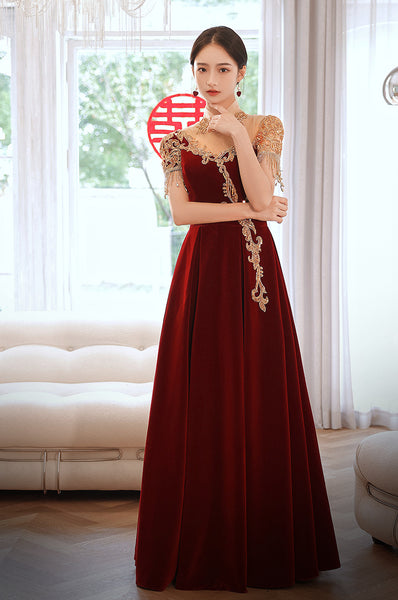 Chic Beautiful Burgundy Princess High Neck Beading Pearl Rhinestone Short Sleeve Velour Evening A-Line Floor Length Party Formal Dresses