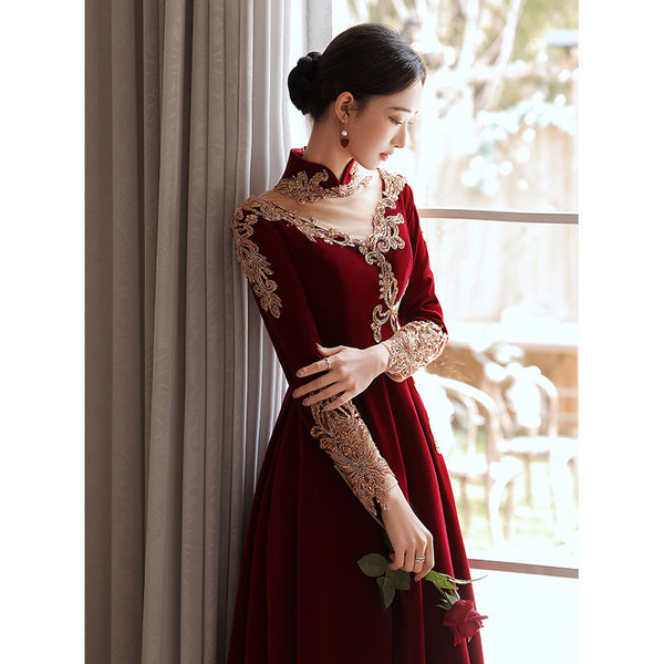 Chic Beautiful Burgundy Princess High Neck Beading Pearl Rhinestone Short Sleeve Velour Evening A-Line Floor Length Party Formal Dresses