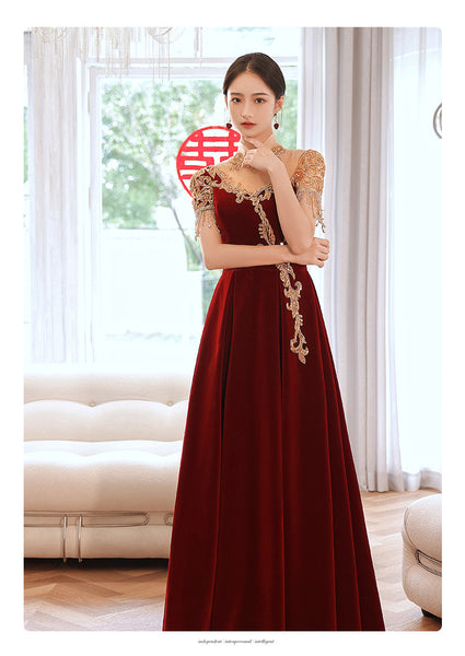 Chic Beautiful Burgundy Princess High Neck Beading Pearl Rhinestone Short Sleeve Velour Evening A-Line Floor Length Party Formal Dresses