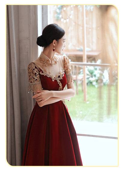 Chic Beautiful Burgundy Princess High Neck Beading Pearl Rhinestone Short Sleeve Velour Evening A-Line Floor Length Party Formal Dresses