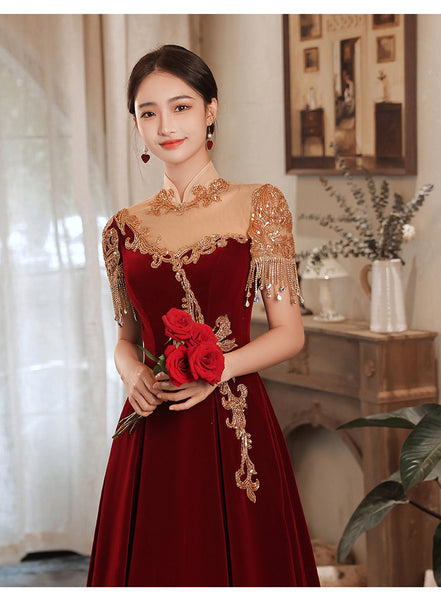 Chic Beautiful Burgundy Princess High Neck Beading Pearl Rhinestone Short Sleeve Velour Evening A-Line Floor Length Party Formal Dresses