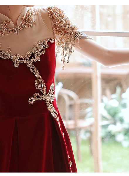 Chic Beautiful Burgundy Princess High Neck Beading Pearl Rhinestone Short Sleeve Velour Evening A-Line Floor Length Party Formal Dresses