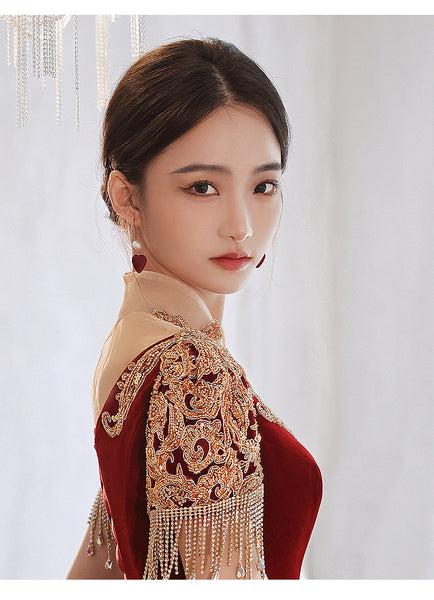 Chic Beautiful Burgundy Princess High Neck Beading Pearl Rhinestone Short Sleeve Velour Evening A-Line Floor Length Party Formal Dresses