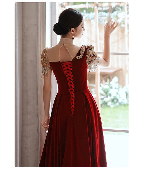 Chic Beautiful Burgundy Princess High Neck Beading Pearl Rhinestone Short Sleeve Velour Evening A-Line Floor Length Party Formal Dresses