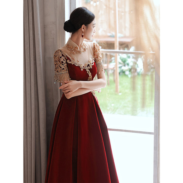 Chic Beautiful Burgundy Princess High Neck Beading Pearl Rhinestone Short Sleeve Velour Evening A-Line Floor Length Party Formal Dresses