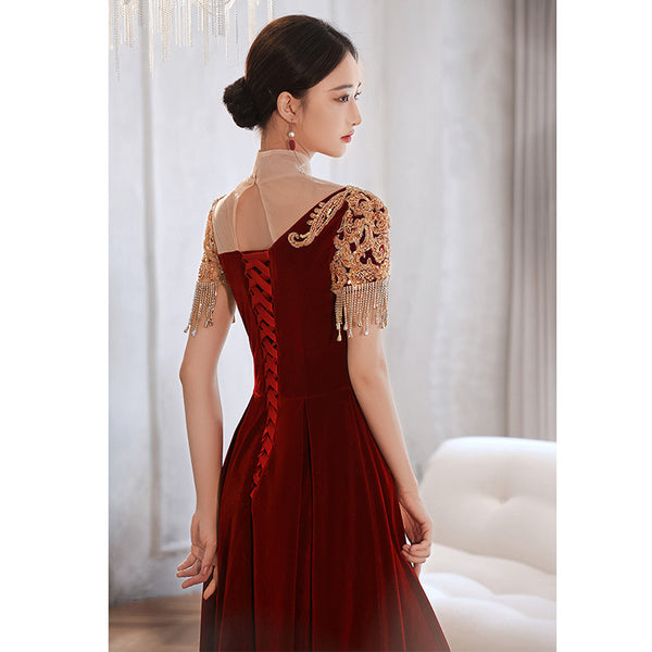 Chic Beautiful Burgundy Princess High Neck Beading Pearl Rhinestone Short Sleeve Velour Evening A-Line Floor Length Party Formal Dresses