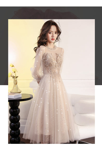 Temperament Evening Luxury High End Bridesmaid Banquet birthday Beading Pleated Round Neck Prom Dress Gown