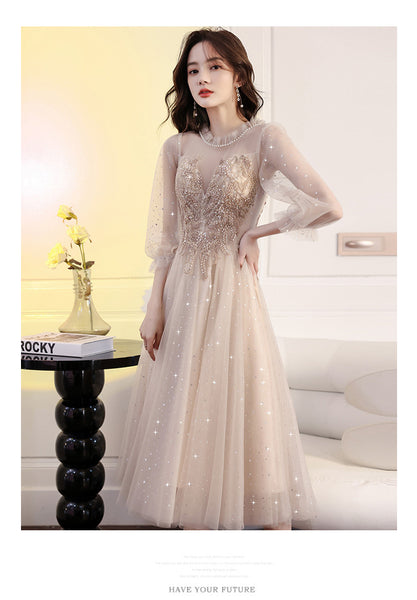 Temperament Evening Luxury High End Bridesmaid Banquet birthday Beading Pleated Round Neck Prom Dress Gown