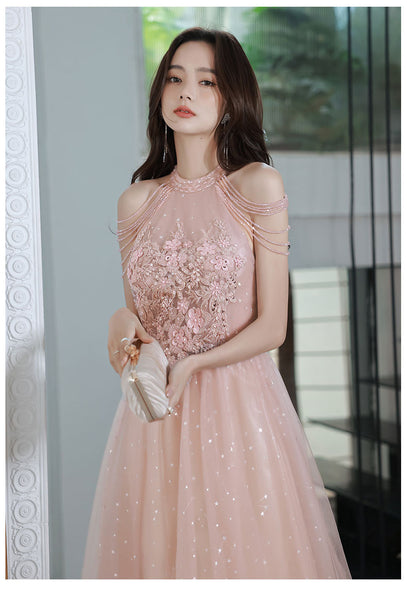 Amazing Beautiful Bride Pink Halter Shoulder Tassel Temperament Long Banquet Evening Party Dress Dresses