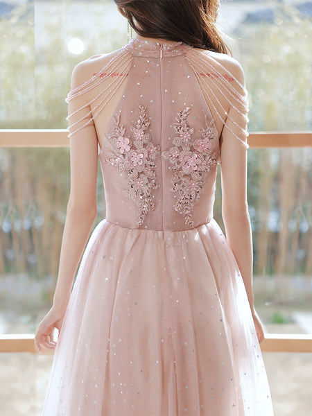 Amazing Beautiful Bride Pink Halter Shoulder Tassel Temperament Long Banquet Evening Party Dress Dresses