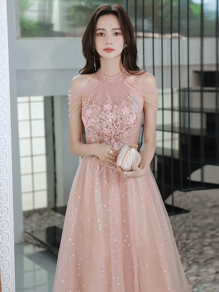 Amazing Beautiful Bride Pink Halter Shoulder Tassel Temperament Long Banquet Evening Party Dress Dresses