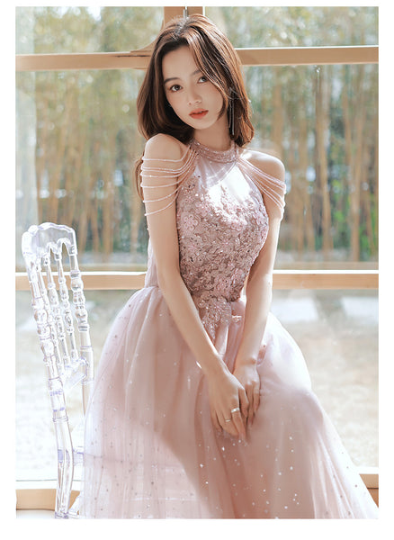 Amazing Beautiful Bride Pink Halter Shoulder Tassel Temperament Long Banquet Evening Party Dress Dresses