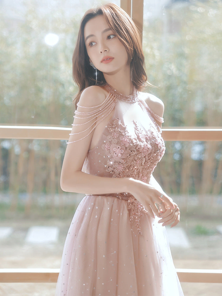 Amazing Beautiful Bride Pink Halter Shoulder Tassel Temperament Long Banquet Evening Party Dress Dresses