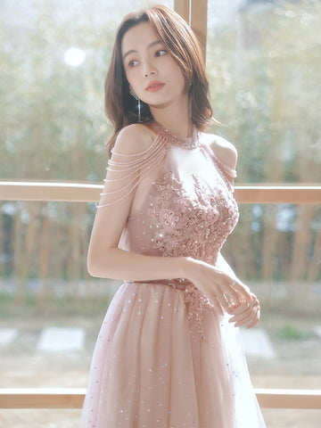 Amazing Beautiful Bride Pink Halter Shoulder Tassel Temperament Long Banquet Evening Party Dress Dresses