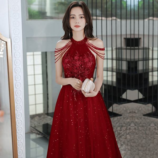 Amazing Beautiful Bride Pink Halter Shoulder Tassel Temperament Long Banquet Evening Party Dress Dresses