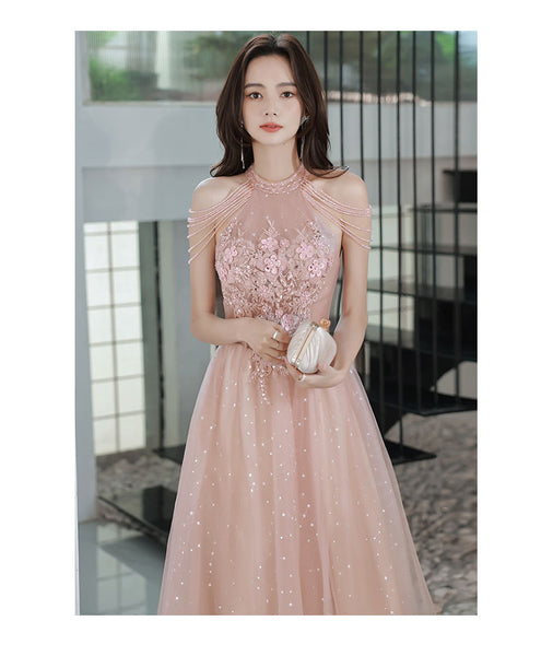 Amazing Beautiful Bride Pink Halter Shoulder Tassel Temperament Long Banquet Evening Party Dress Dresses