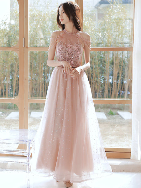 Amazing Beautiful Bride Pink Halter Shoulder Tassel Temperament Long Banquet Evening Party Dress Dresses