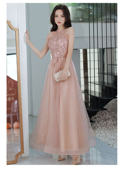 Amazing Beautiful Bride Pink Halter Shoulder Tassel Temperament Long Banquet Evening Party Dress Dresses