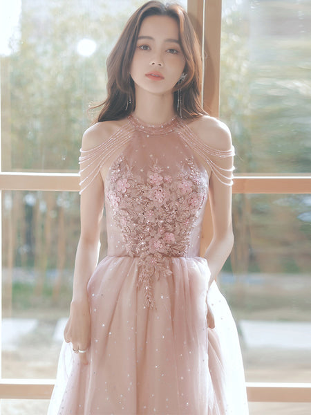 Amazing Beautiful Bride Pink Halter Shoulder Tassel Temperament Long Banquet Evening Party Dress Dresses