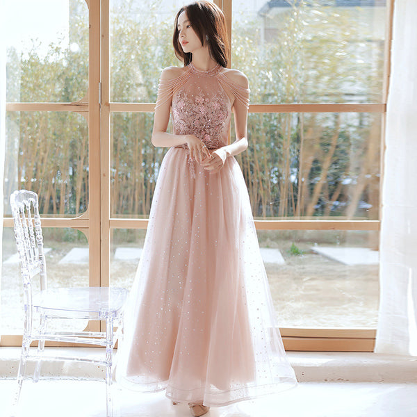 Amazing Beautiful Bride Pink Halter Shoulder Tassel Temperament Long Banquet Evening Party Dress Dresses