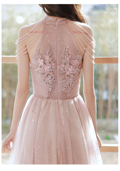 Amazing Beautiful Bride Pink Halter Shoulder Tassel Temperament Long Banquet Evening Party Dress Dresses