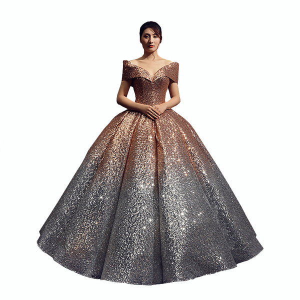 Stunning Gorgeous Bride Off Shoulder Gradient Color Change Sequins Palace Dream Princess Tutu Skirt Wedding Dress