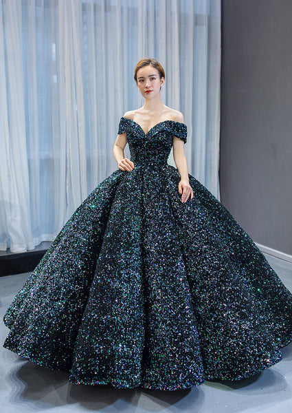 Stunning Gorgeous Bride Off Shoulder Green Sequins Palace Dream Princess Tutu Skirt Wedding Dress