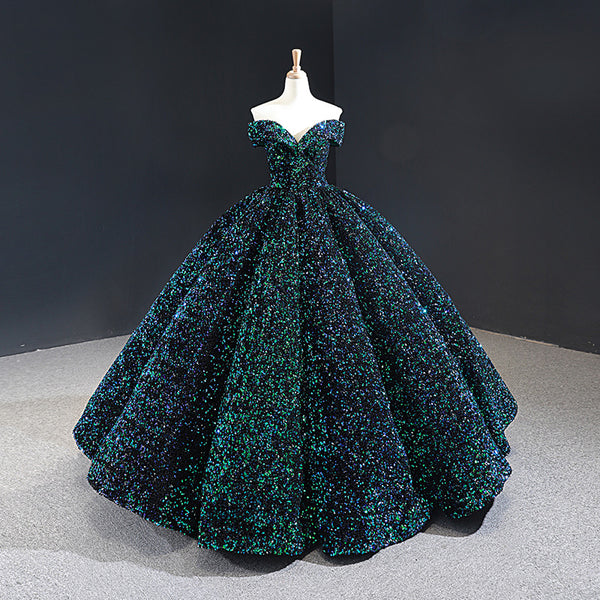 Stunning Gorgeous Bride Off Shoulder Green Sequins Palace Dream Princess Tutu Skirt Wedding Dress