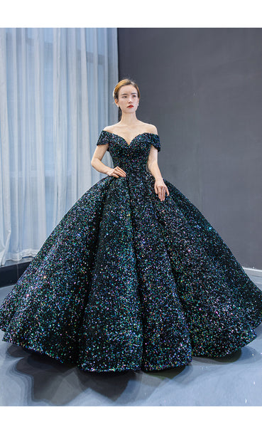 Stunning Gorgeous Bride Off Shoulder Green Sequins Palace Dream Princess Tutu Skirt Wedding Dress