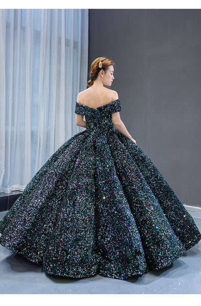 Stunning Gorgeous Bride Off Shoulder Green Sequins Palace Dream Princess Tutu Skirt Wedding Dress