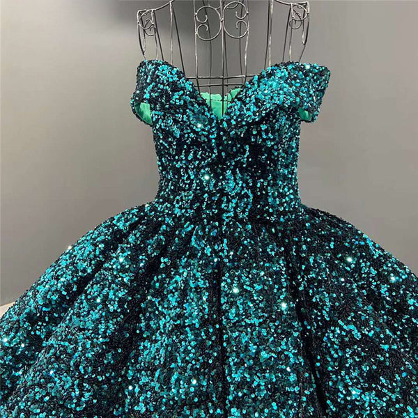 Stunning Gorgeous Bride Off Shoulder Green Sequins Palace Dream Princess Tutu Skirt Wedding Dress