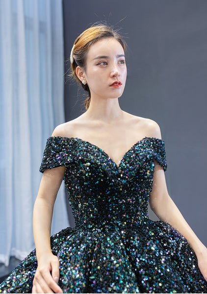 Stunning Gorgeous Bride Off Shoulder Green Sequins Palace Dream Princess Tutu Skirt Wedding Dress