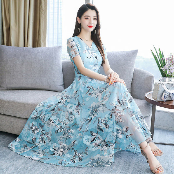 Great Look Fairy Summer Floral Printed Large Size Long Large Swing Bohemian Beach Dress