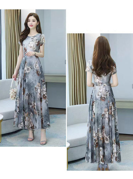 Elegant Sweet Women Cozy Short Sleeved Printed Silk Liked Retro Beach long Skirt Swing Maxi Dresses