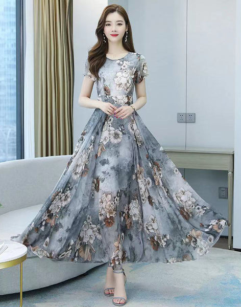 Elegant Sweet Women Cozy Short Sleeved Printed Silk Liked Retro Beach long Skirt Swing Maxi Dresses
