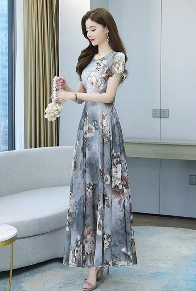 Elegant Sweet Women Cozy Short Sleeved Printed Silk Liked Retro Beach long Skirt Swing Maxi Dresses