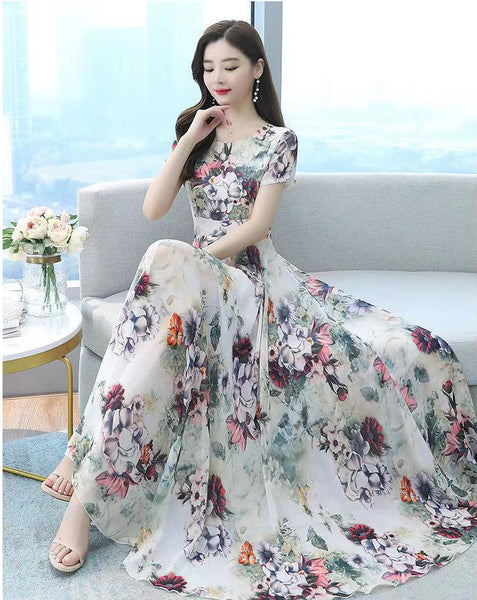 Elegant Sweet Women Cozy Short Sleeved Printed Silk Liked Retro Beach long Skirt Swing Maxi Dresses