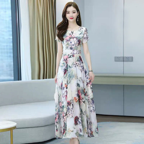 Elegant Sweet Women Cozy Short Sleeved Printed Silk Liked Retro Beach long Skirt Swing Maxi Dresses