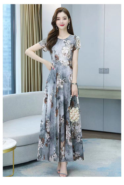 Elegant Sweet Women Cozy Short Sleeved Printed Silk Liked Retro Beach long Skirt Swing Maxi Dresses