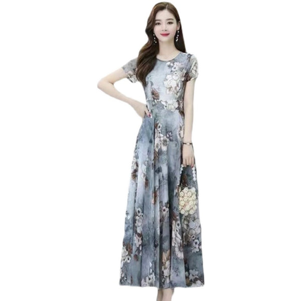 Elegant Sweet Women Cozy Short Sleeved Printed Silk Liked Retro Beach long Skirt Swing Maxi Dresses