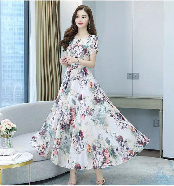 Elegant Sweet Women Cozy Short Sleeved Printed Silk Liked Retro Beach long Skirt Swing Maxi Dresses