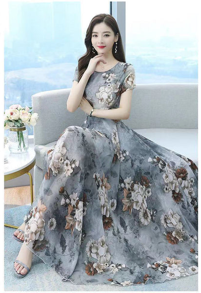 Elegant Sweet Women Cozy Short Sleeved Printed Silk Liked Retro Beach long Skirt Swing Maxi Dresses