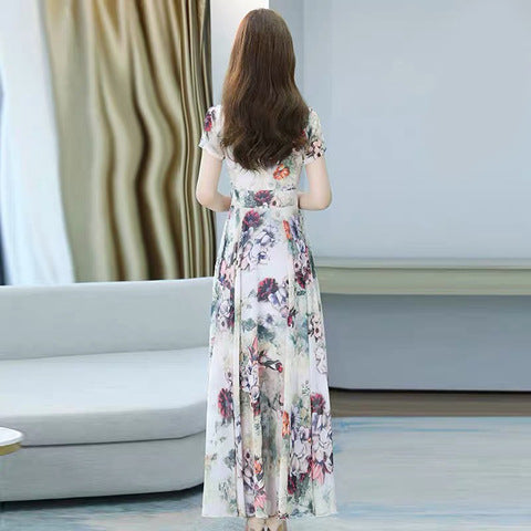 Elegant Sweet Women Cozy Short Sleeved Printed Silk Liked Retro Beach long Skirt Swing Maxi Dresses