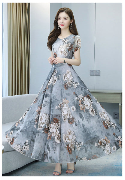 Elegant Sweet Women Cozy Short Sleeved Printed Silk Liked Retro Beach long Skirt Swing Maxi Dresses