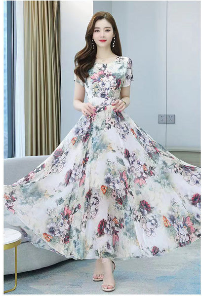 Elegant Sweet Women Cozy Short Sleeved Printed Silk Liked Retro Beach long Skirt Swing Maxi Dresses