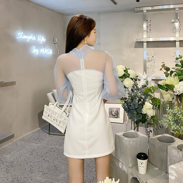 Great Look Spring Office Fashion Temperament Neck Bow Long Sleeved High Waist Mini Dress