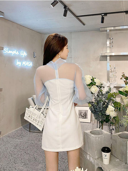 Great Look Spring Office Fashion Temperament Neck Bow Long Sleeved High Waist Mini Dress