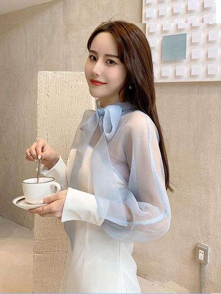 Great Look Spring Office Fashion Temperament Neck Bow Long Sleeved High Waist Mini Dress